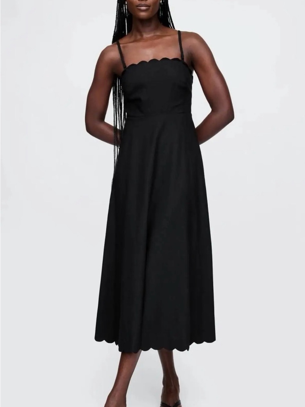 GAP Black Scallop-Edge Midi Dress with Spaghetti Straps